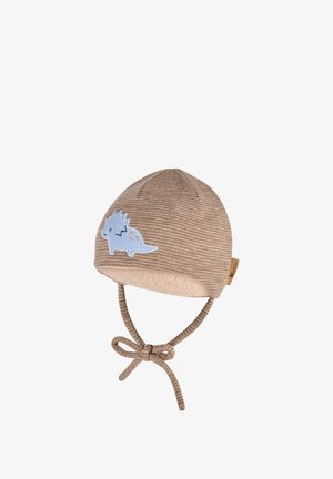Brown striped baby hat with a soft fleece lining, featuring a light blue embroidered dinosaur design and ties for secure fitting.