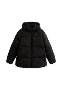 Chaqueta acolchada negra con capucha y cremallera frontal, que presenta un diseño de acolchado y mangas de corte holgado para brindar calidez y comodidad.
