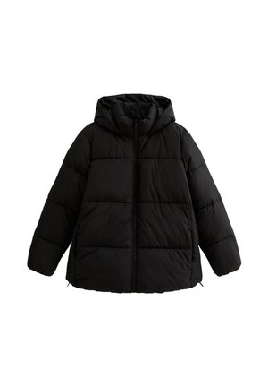 Schwarze Pufferjacke mit Kapuze und einem Frontreißverschluss, ausgestattet mit einem gesteppten Design und weit geschnittenen Ärmeln für Wärme und Komfort.