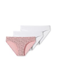 Drei-Pack Unterwäsche: zwei weiße und eine rosa mit einem schwarzen gepunkteten Muster. Hergestellt aus weichem, dehnbarem Material. Traditioneller Schlüpfer-Stil.
