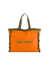 Pomarańczowa torba materiałowa z oliwkowymi frędzlami, z napisem "ciao mare" w kolorze zielonym. Posiada podwójne oliwkowe rączki do noszenia.