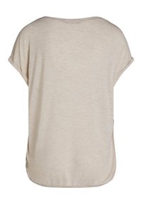 Světle béžový krátký rukáv top s volným střihem, kulatým výstřihem a ohrnutými rukávy. Měkká látka s jemnou texturou. Boční rozparky na spodním lemu.