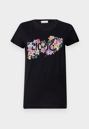 T-shirt noir à manches courtes en coton. Il présente un imprimé floral coloré avec le mot "LIU JO" au centre, avec des formes et des designs de fleurs variés.