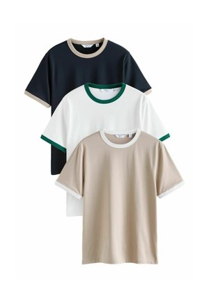 Three T-shirts: black with beige accents, white with green accents, and light beige with white accents. Soft cotton material, short sleeves.
