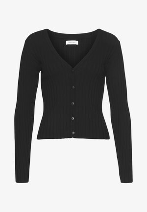 Cardigan noir en maille côtelée avec manches longues, col en V et cinq boutons sur le devant.