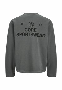 Sweat-shirt à manches longues gris foncé avec le texte "CORE SPORTSWEAR", "EST. 90" et un logo circulaire imprimés au dos.