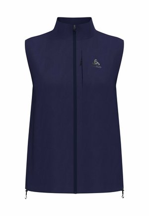 Navy blue sleeveless vest made of lightweight material, featuring a front zipper and a small logo on the left side. Minimalist design.