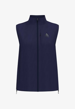 Navy blue sleeveless vest made of lightweight material, featuring a front zipper and a small logo on the left side. Minimalist design.