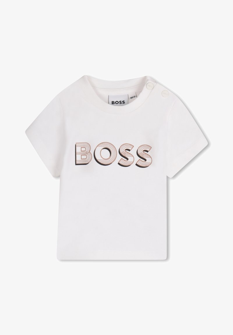 White cotton T-shirt featuring short sleeves and a round neckline. "BOSS" logo is printed in brown outlined letters on the front.