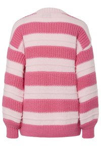 Knitted sweater with pink and light pink horizontal stripes. Features a crew neckline, wide sleeves, and ribbed cuffs for texture.