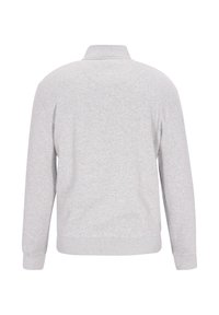 Grå sweatshirt med krage, långa ärmar och ribbade muddar. Mjuk textur med enfärgat mönster, inga synliga mönster eller accenter.