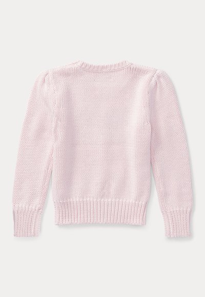 Suéter tricotado rosa claro com um padrão texturado, decote redondo e punhos e bainha canelados. A vista traseira mostra um design de mangas puff.