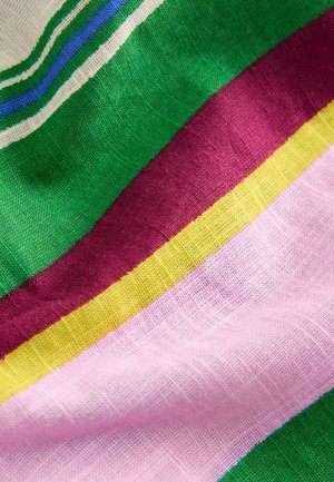 Multifarvet stribet stof med grønne, lyserøde, burgunder, gule og blå linjer, med en blød, vævet tekstur og en let glans.