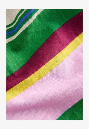 Multifarvet stribet stof med grønne, lyserøde, burgunder, gule og blå linjer, med en blød, vævet tekstur og en let glans.