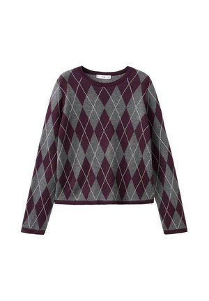 Suéter de patrón argyle en gris y burdeos con mangas largas, cuello redondo y diseño corto. Presenta contornos de rombos blancos y dobladillo acanalado.