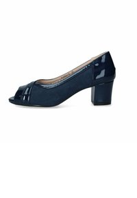 Pumps blu navy con punta aperta, dettagli in pelle verniciata e finitura in camoscio texturizzato. Tacco robusto e quadrato per una maggiore stabilità. Design semplice e lineare.