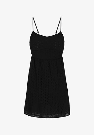 Mustmustahke ilmaülikond õhukeste rihmadega, millel on tekstuuriga kangas ja lõigatud mustrid ning laienev seelik.