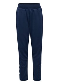 Marine joggingsbroek met een elastische tailleband, twee zijzakken en witte strepen aan de onderzijden voor detail. Gemaakt van zacht materiaal.