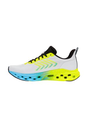 Chaussure de sport blanche avec lacets noirs, semelle dégradée jaune fluo et bleue, accents jaune fluo, et doublure intérieure noire.