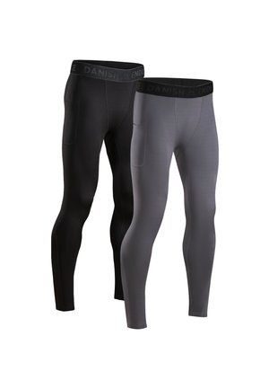 Leggings noirs et gris en tissu extensible, dotés d'une ceinture large avec le texte "DANISH" et de poches latérales pour plus de commodité.