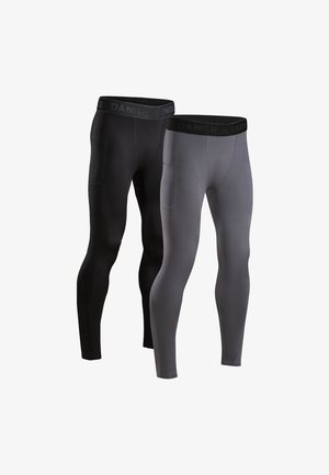 Zwarte en grijze leggings van rekbaar materiaal, met een brede tailleband met de tekst "DANISH" en zijzakken voor extra gemak.