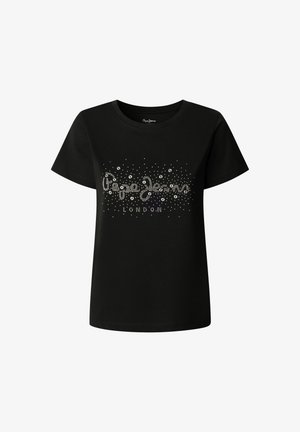 Čierne tričko s krátkym rukávom a okrúhlym výstrihom, zdobené striebornými nitmi vytvárajúcimi text "Pepe Jeans LONDON" na prednej strane.