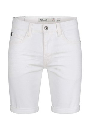 White denim shorts with rolled cuffs, metal button closure, belt loops, and front pockets, labeled size medium by Indicode.