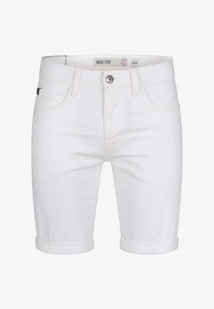 White denim shorts with rolled cuffs, metal button closure, belt loops, and front pockets, labeled size medium by Indicode.