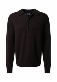 Dunkelbrauner gestrickter Pullover mit Kragen, ausgestattet mit einer Knopfleiste und gerippten Bündchen. Weiche Textur und entspannte Passform.