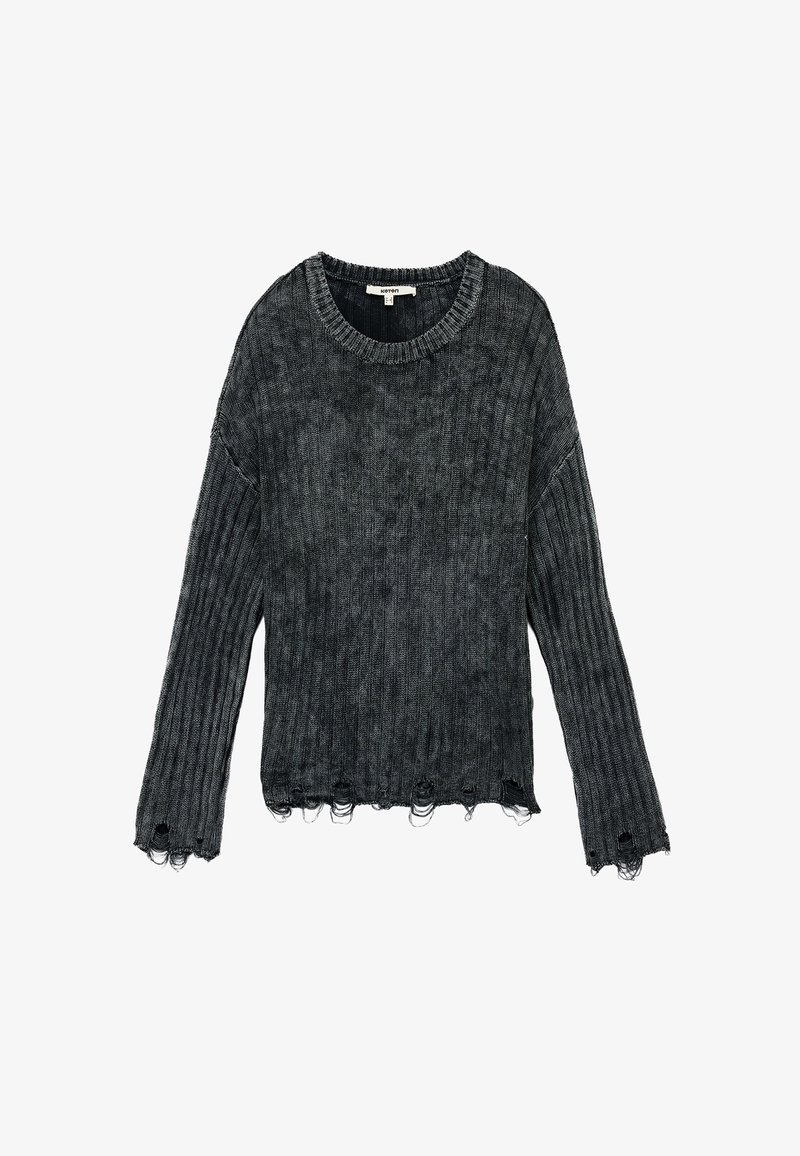 Dunkelgrauer, gerippter Pullover mit langen Ärmeln, breitem Ausschnitt und fransigem Saum. Aus weichem, strukturiertem Stoff mit abgenutzten Details.