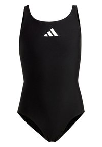 Bañador negro de una pieza, hecho de un tejido suave, con escote redondo y tirantes finos, y un logo blanco en el pecho.