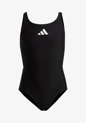 Bañador negro de una pieza, hecho de un tejido suave, con escote redondo y tirantes finos, y un logo blanco en el pecho.