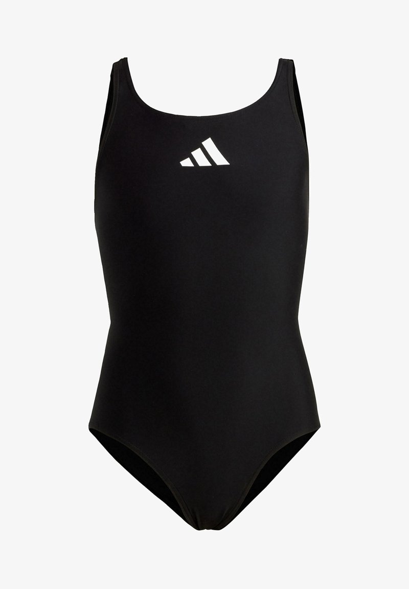 Bañador negro de una pieza, hecho de un tejido suave, con escote redondo y tirantes finos, y un logo blanco en el pecho.