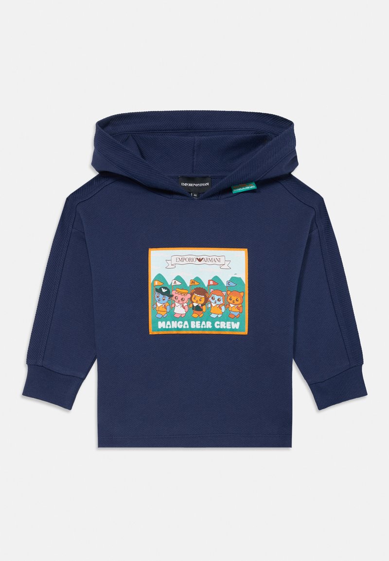 Sweatshirt azul-marinho feito de tecido texturizado, apresentando uma impressão retangular de cartoon com personagens de ursos coloridos e o texto "MANGA BEAR CREW".