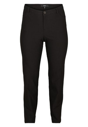 Black cotton blend pants with a slim fit, featuring a front button closure, belt loops, and two side pockets. Smooth texture and plain design.