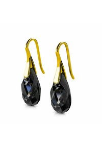 Orecchini pendenti dorati con cristalli neri sfaccettati a forma di goccia, caratterizzati da una finitura lucida e un design elegante.