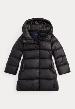 Sort quiltet dunjakke med hætte, lange ærmer, forlommer og et Polo Ralph Lauren-logo på brystet.