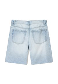 Light blue denim shorts with a faded effect, featuring two back pockets and a standard waistband. Material has a soft, textured finish.