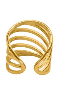 Gouden metalen ring met een spiraalontwerp, bestaande uit meerdere gebogen banden. Vloeiend oppervlak met een reflecterende afwerking, open aan de achterkant.