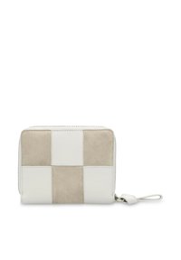 White and beige zip-around wallet with textured suede and smooth leather panels, featuring a rectangular shape and subtle stitching detail.