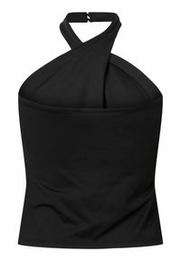 Haut noir sans manches à col halter avec bretelles croisées et fermeture à agrafe dans le dos.