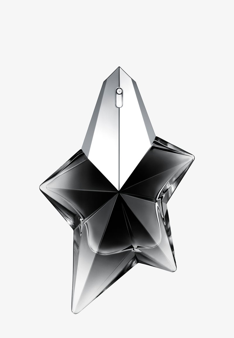 Botella de perfume de vidrio en forma de estrella con un degradado claro y ahumado, con facetas afiladas y un pulverizador plateado.