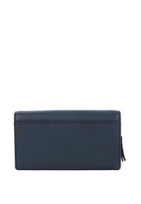 Cartera rectangular de cuero negro con textura granulada y un compartimento con cremallera en el lateral, mostrada contra un fondo blanco.
