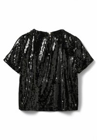 Sort paljettop med korte ærmer, der har en helsømmende shiny tekstur, rund halsudskæring og lukning med knap bagpå.