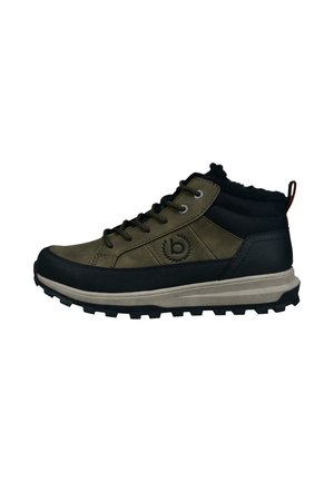 Mid-height brown and black hiking boot with rugged sole, lace-up front, padded collar, and logo on the side.