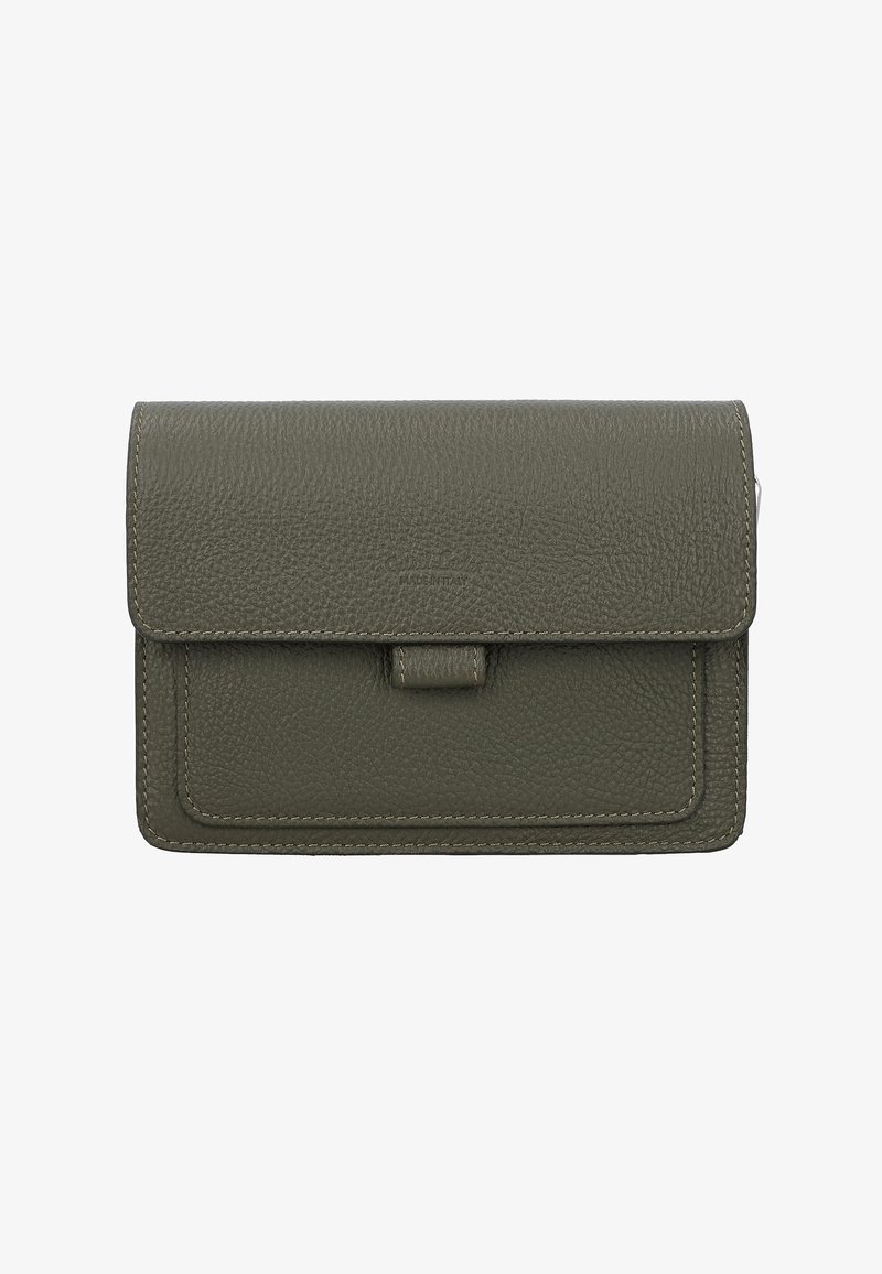 Olive green textured leather wallet with flap closure and stitched edges, compact rectangular shape, front tab detail.