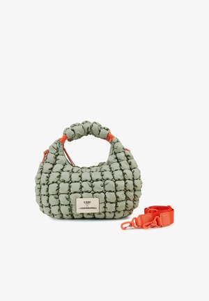 Light green padded handbag with top handle, orange zipper accents, a brand tag, and a detachable orange strap beside it.