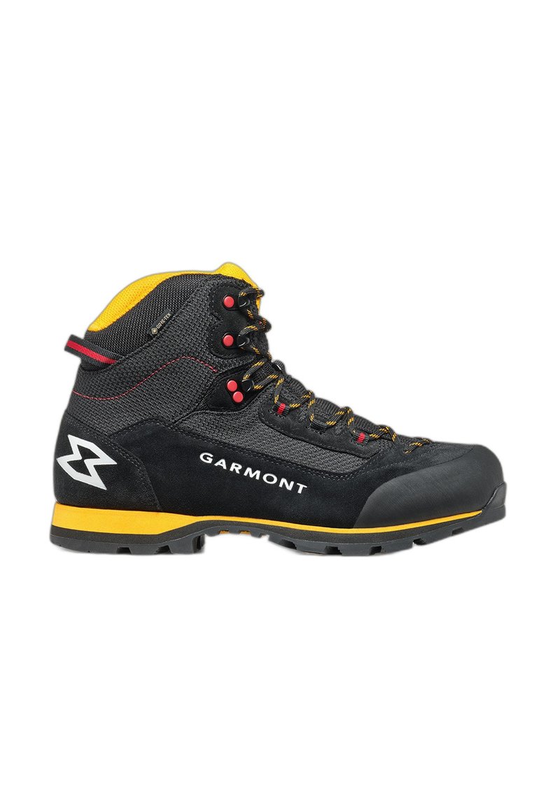 Scarpa da trekking nera e gialla con materiale in suede e rete, punta rotonda, occhielli rinforzati e design con lacci. Presenta un logo sul lato.