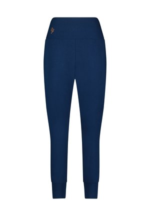 Marineblaue Jogginghosen mit eng anliegendem Design, elastischem Bund und gerippten Ärmeln. Verfügt über ein kleines oranges Logo am Bund.