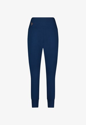 Marineblaue Jogginghosen mit eng anliegendem Design, elastischem Bund und gerippten Ärmeln. Verfügt über ein kleines oranges Logo am Bund.